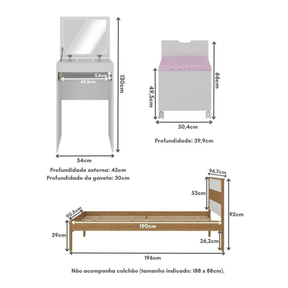 Cama De Solteiro Para Colchão 88 X 188 Cm Com Penteadeira 54cm E Puff Multimóveis CR40121 Amêndoa/branco - 4