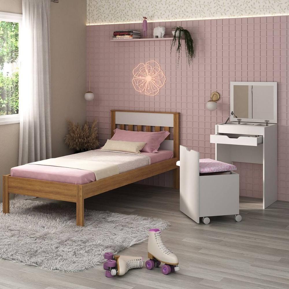 Cama De Solteiro Para Colchão 88 X 188 Cm Com Penteadeira 54cm E Puff Multimóveis CR40121 Amêndoa/branco - 6