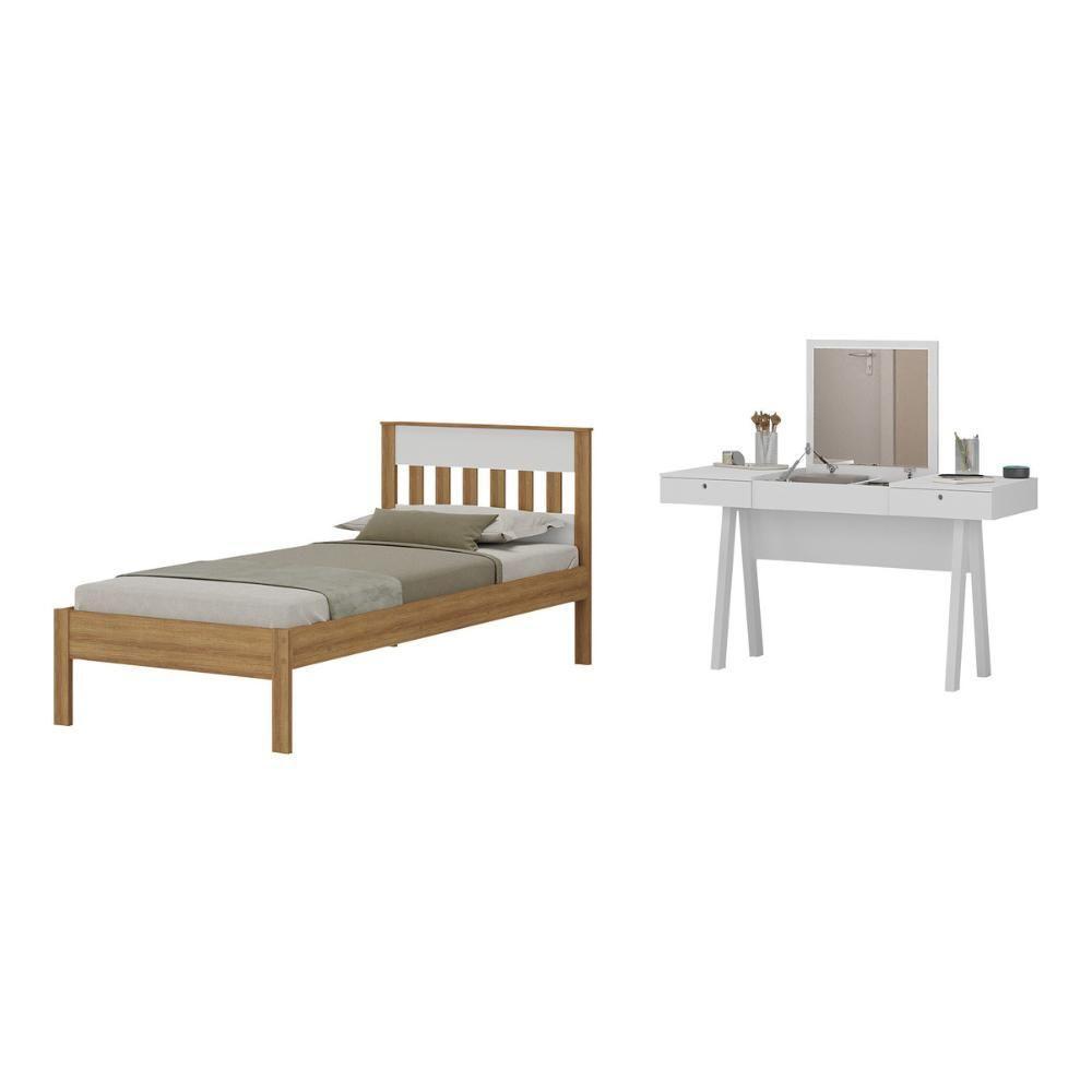 Cama De Solteiro Para Colchão 88 X 188 Cm Com Penteadeira 131,5cm Multimóveis CR35247 Amêndoa/branco - 1