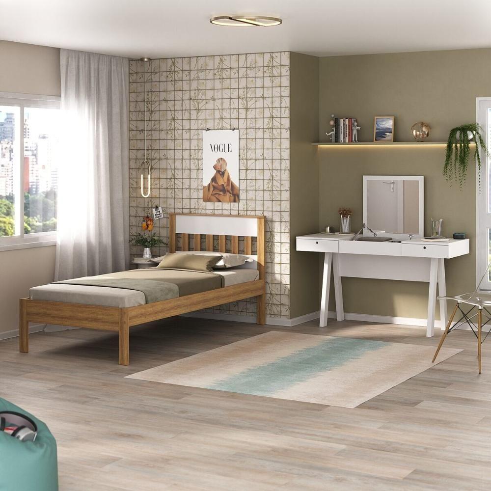Cama De Solteiro Para Colchão 88 X 188 Cm Com Penteadeira 131,5cm Multimóveis CR35247 Amêndoa/branco - 6