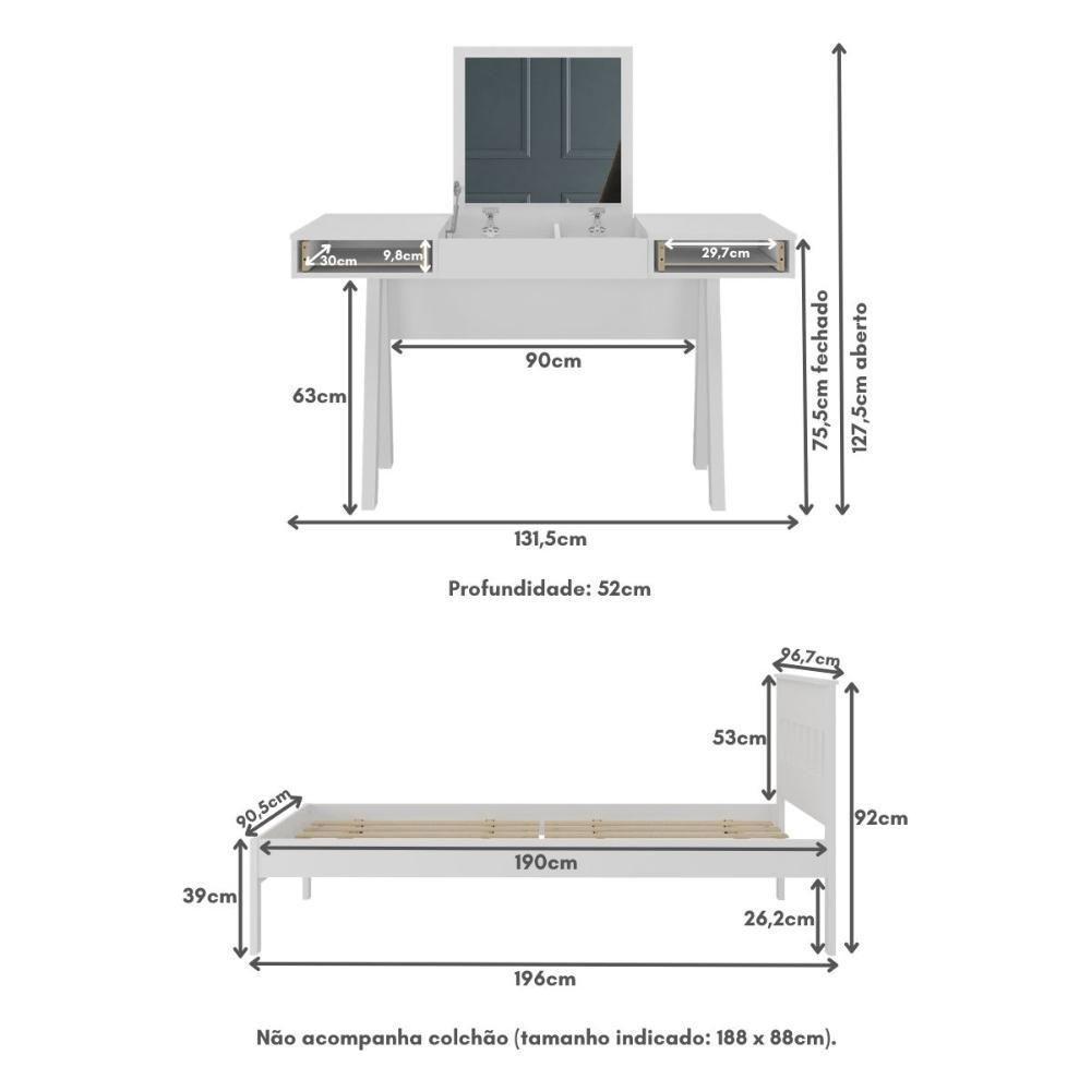 Cama De Solteiro Para Colchão 88 X 188 Cm Com Penteadeira 131,5cm Multimóveis CR35247 Branco - 4