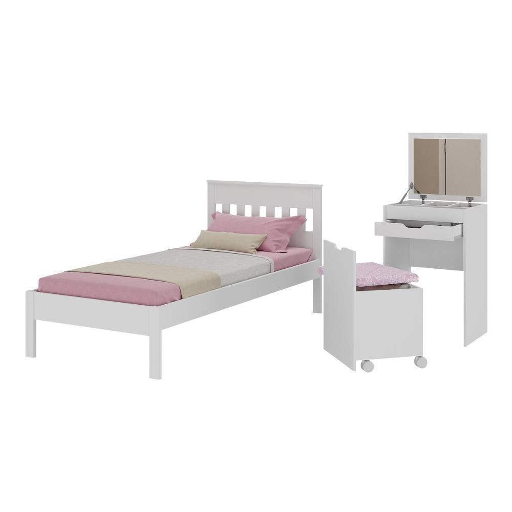Cama De Solteiro Para Colchão 88 X 188 Cm Com Penteadeira 54cm E Puff Multimóveis CR40121 Branco - 1