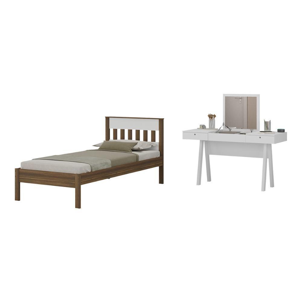 Cama De Solteiro Para Colchão 88 X 188 Cm Com Penteadeira 131,5cm Multimóveis CR35247 Nogal/branco - 1