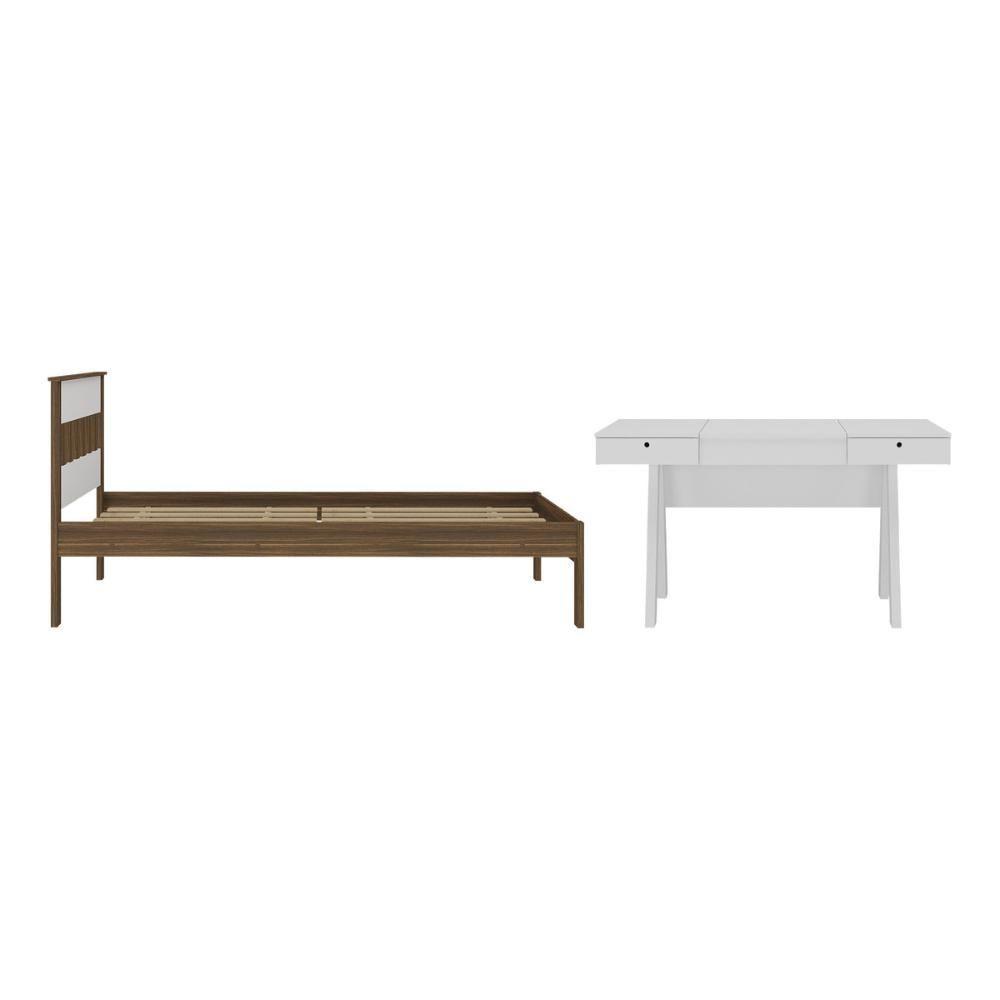 Cama De Solteiro Para Colchão 88 X 188 Cm Com Penteadeira 131,5cm Multimóveis CR35247 Nogal/branco - 2