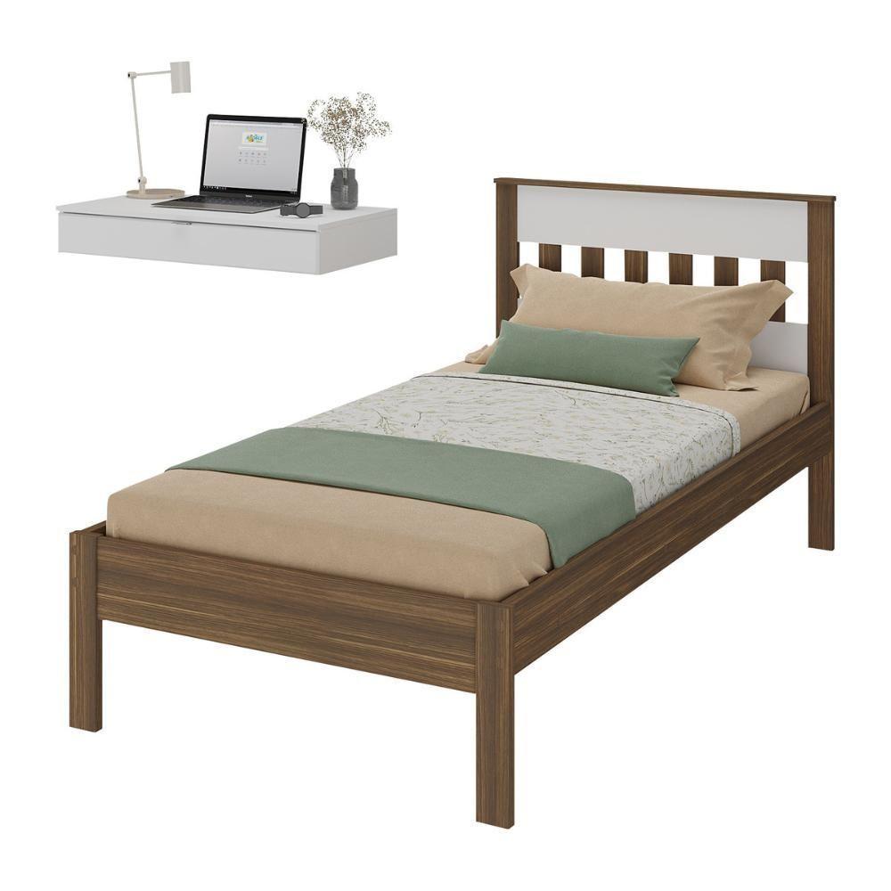 Cama De Solteiro Para Colchão 88 X 188 Cm Com Penteadeira 90cm Suspensa Multimóveis CR35248 Nogal/branco - 1