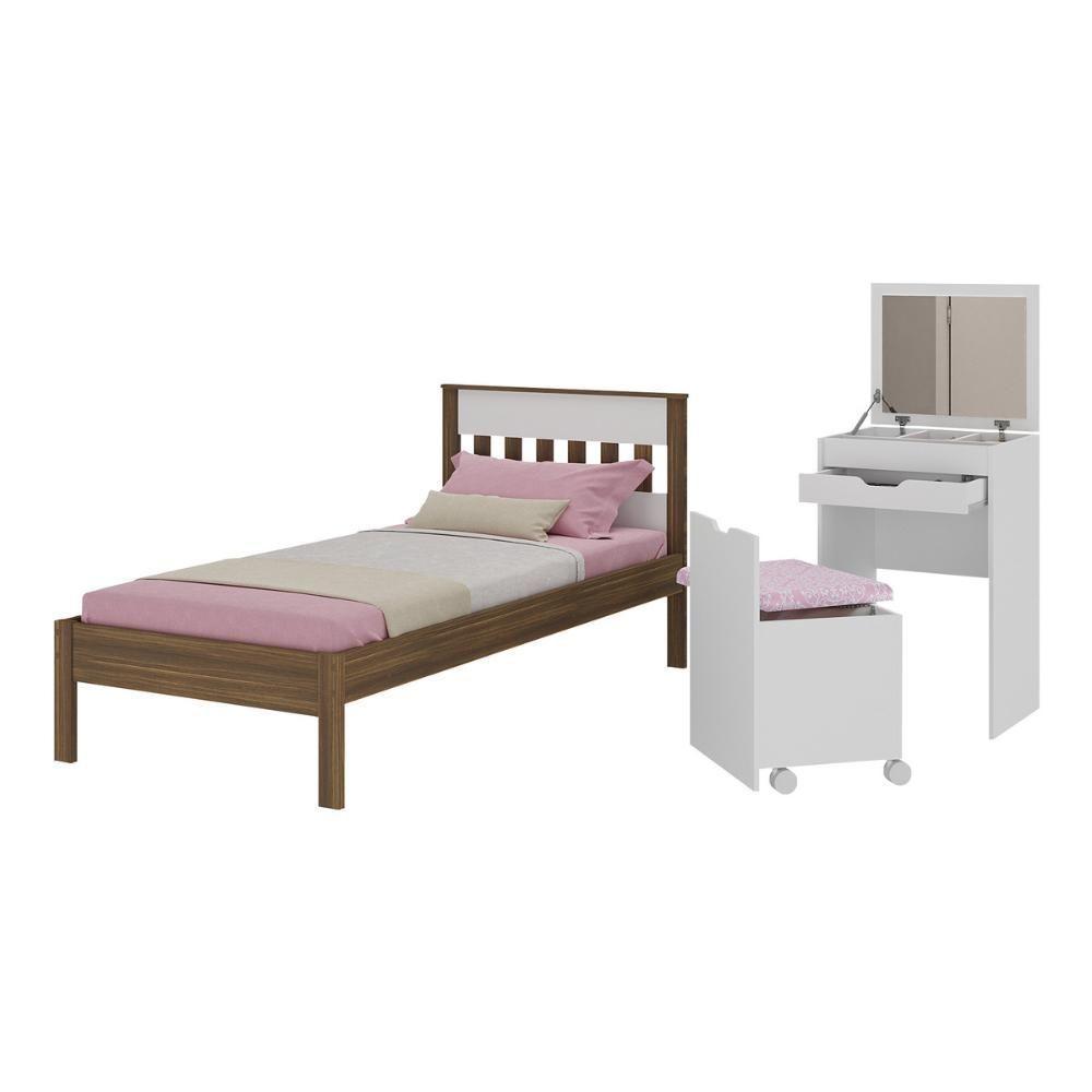 Cama De Solteiro Para Colchão 88 X 188 Cm Com Penteadeira 54cm E Puff Multimóveis CR40121 Nogal/branco - 1