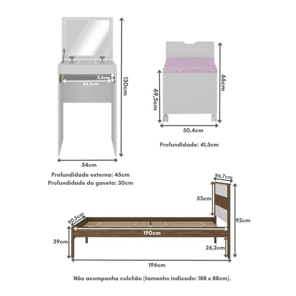 Cama De Solteiro Para Colchão 88 X 188 Cm Com Penteadeira 54cm E Puff Multimóveis CR40121 Nogal/branco - 4