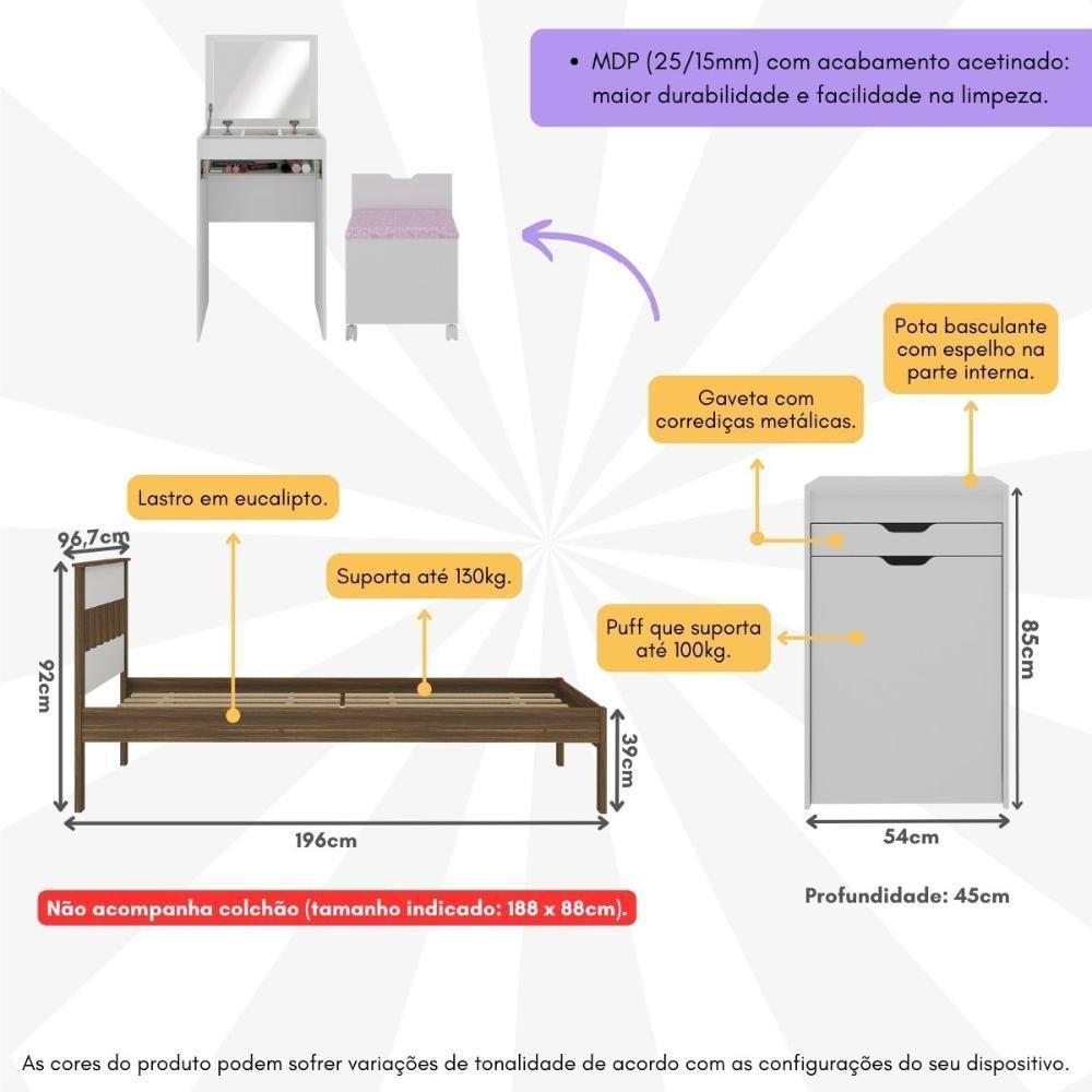 Cama De Solteiro Para Colchão 88 X 188 Cm Com Penteadeira 54cm E Puff Multimóveis CR40121 Nogal/branco - 5