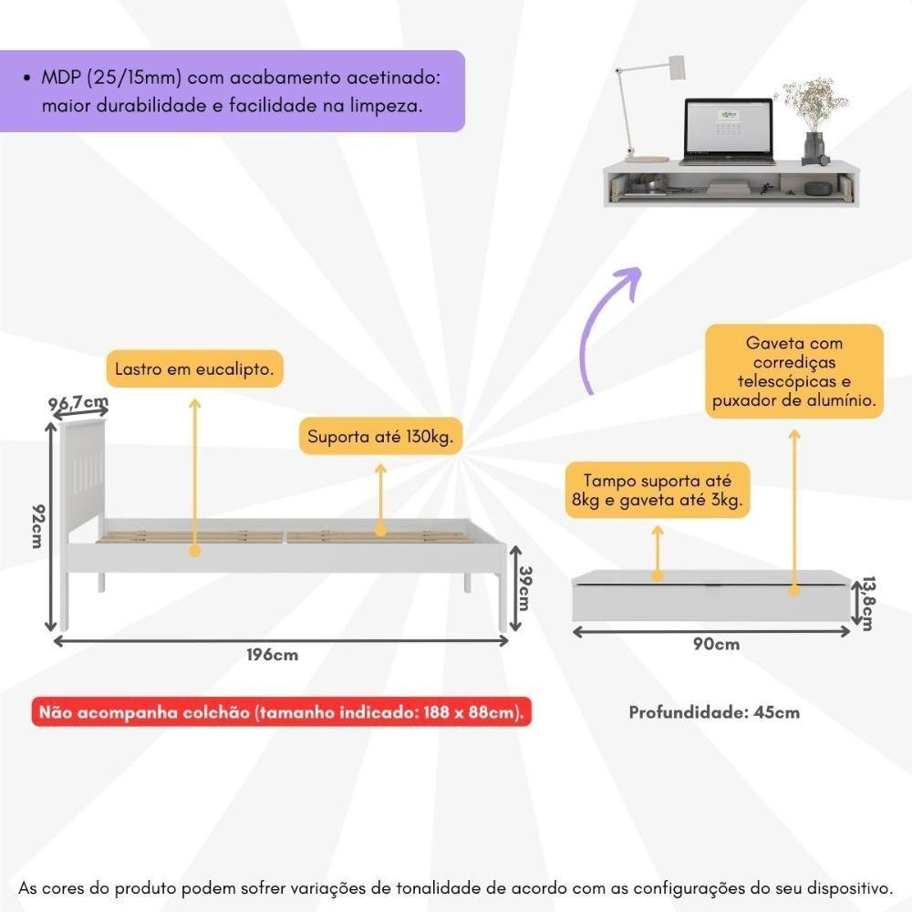 Cama De Solteiro Para Colchão 88 X 188 Cm Com Penteadeira 90cm Suspensa Multimóveis CR35248 Branco - 2