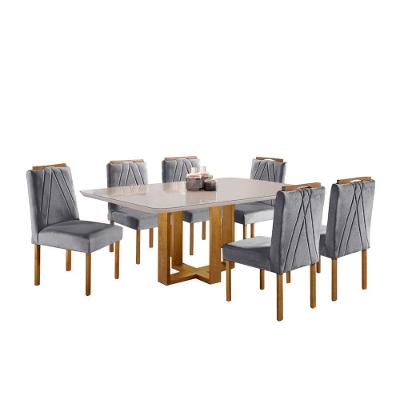 Conjunto de Jantar Lisy 6 Lugares Tampo MDF com Cadeiras Veludo Mel Off White Cinza Profundo