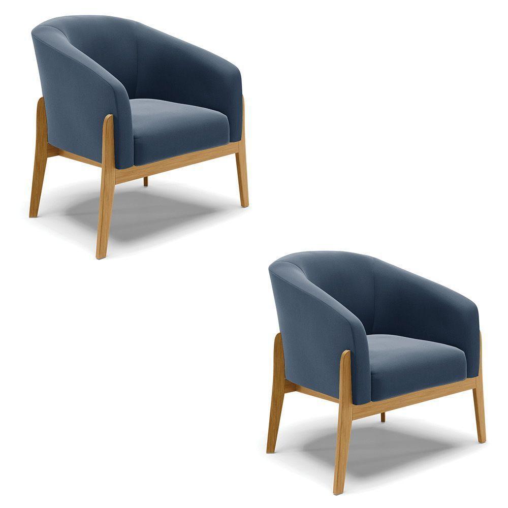 Cadeira Sala De Jantar Base De Madeira Kit 2 Stella Suede D03 - D'rossi Cor Azul Marinho - 1
