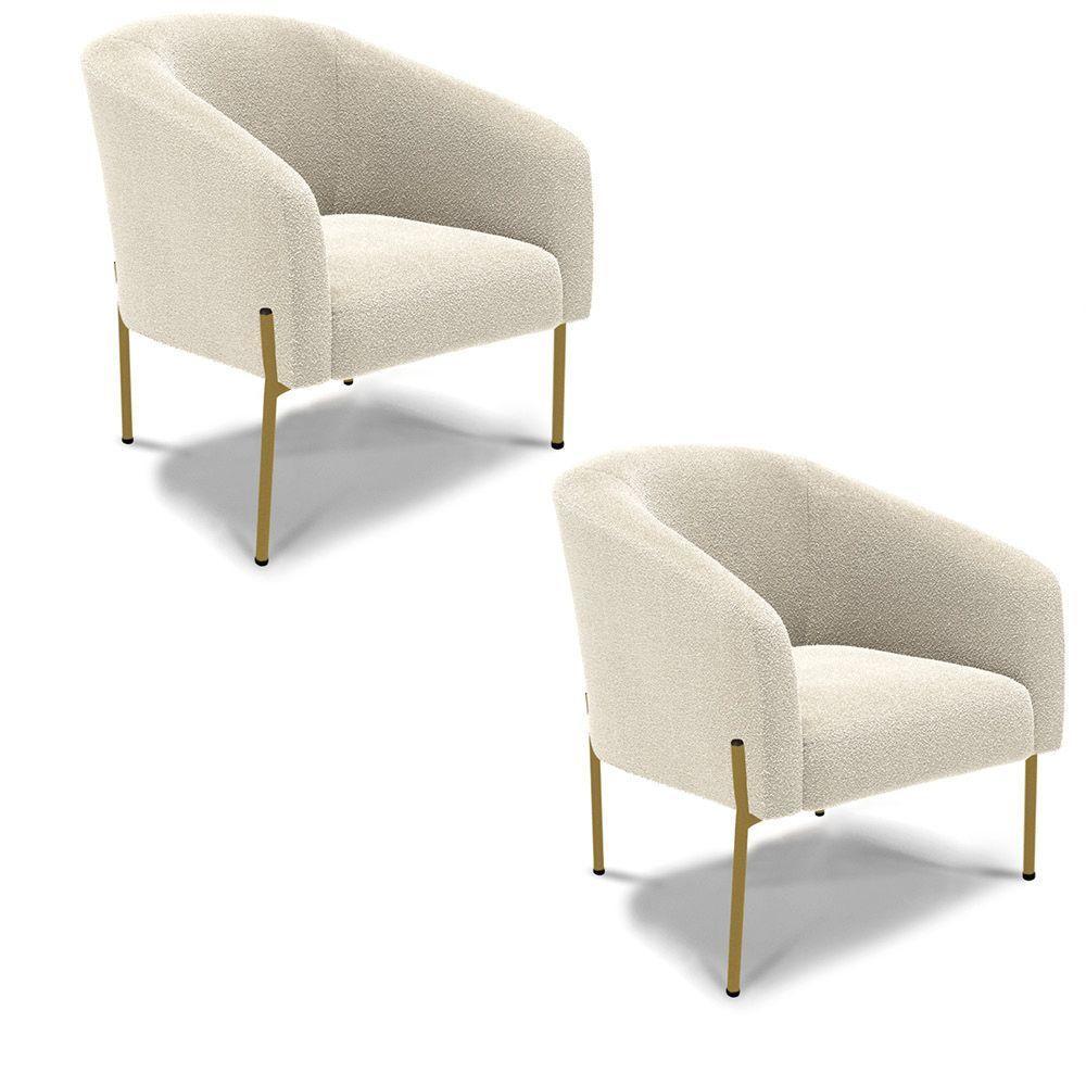 Cadeira Sala De Jantar Pé Ferro Dourado Kit 2 Stella Bouclê D03 - D'rossi Cor Bege - 1