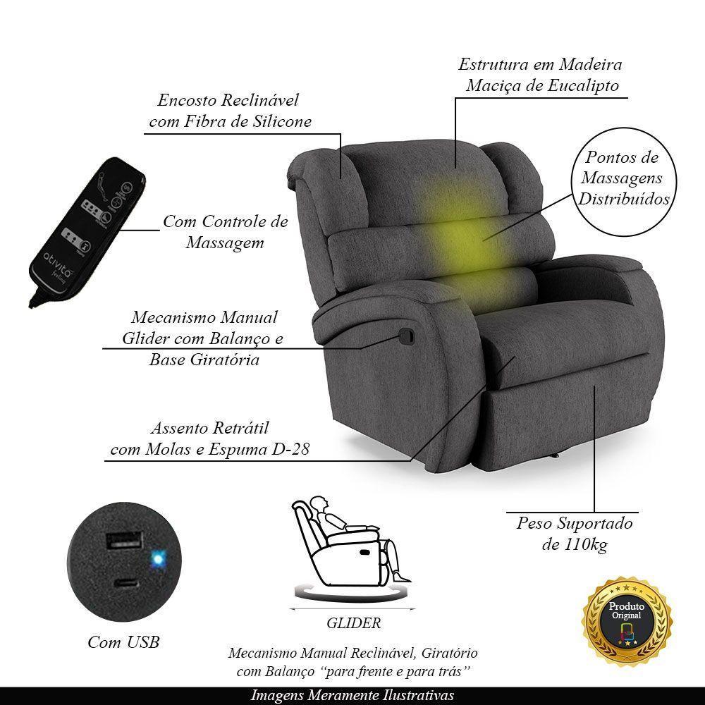 Poltrona Do Papai Reclinável Napoli Glider Giratória Massagem Linho Grafite Fh1 - 6