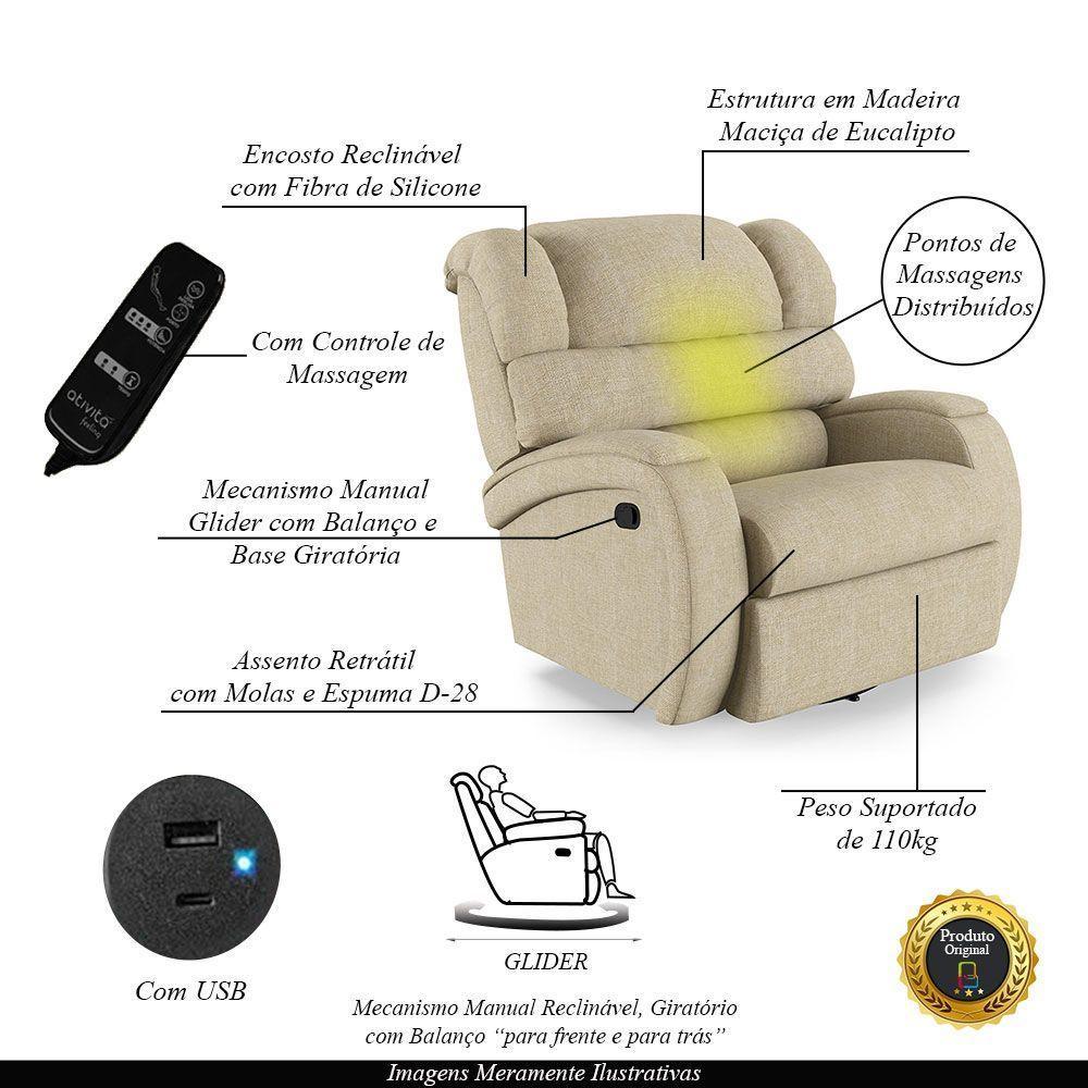 Poltrona Do Papai Reclinável Napoli Glider Giratória Massagem Linho Bege Fh1 - 6
