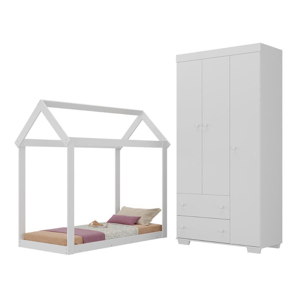 Quarto Infantil Com Cama Montessoriana/colchão/guarda-roupas Algodão Doce Multimóveis Mx4276 Branco - 1