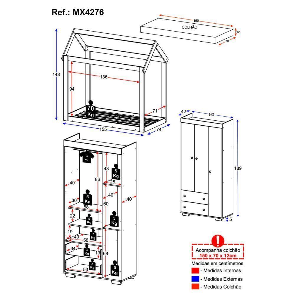 Quarto Infantil Com Cama Montessoriana/colchão/guarda-roupas Algodão Doce Multimóveis Mx4276 Branco - 8