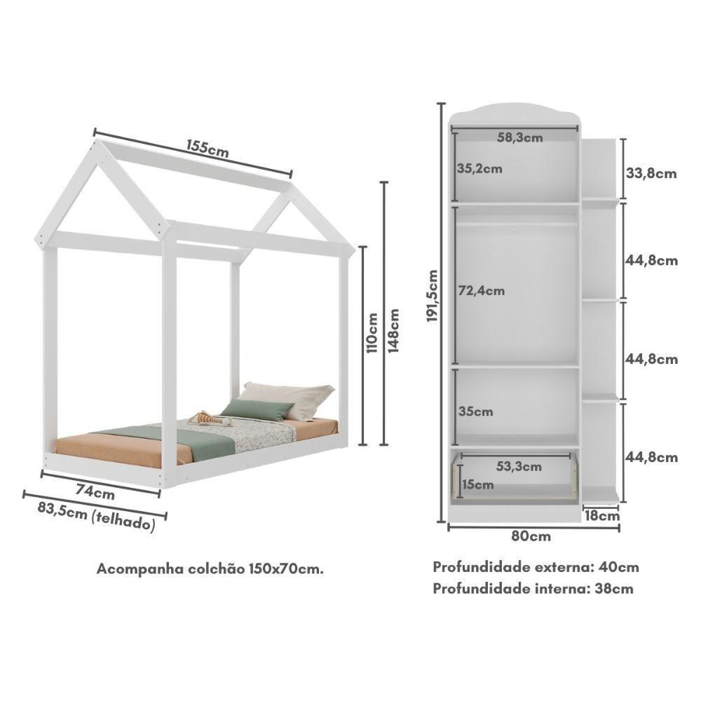 Quarto Infantil Com Cama Montessoriana/colchão/guarda-roupas João E Maria Multimóveis Mx4272 Branco - 2