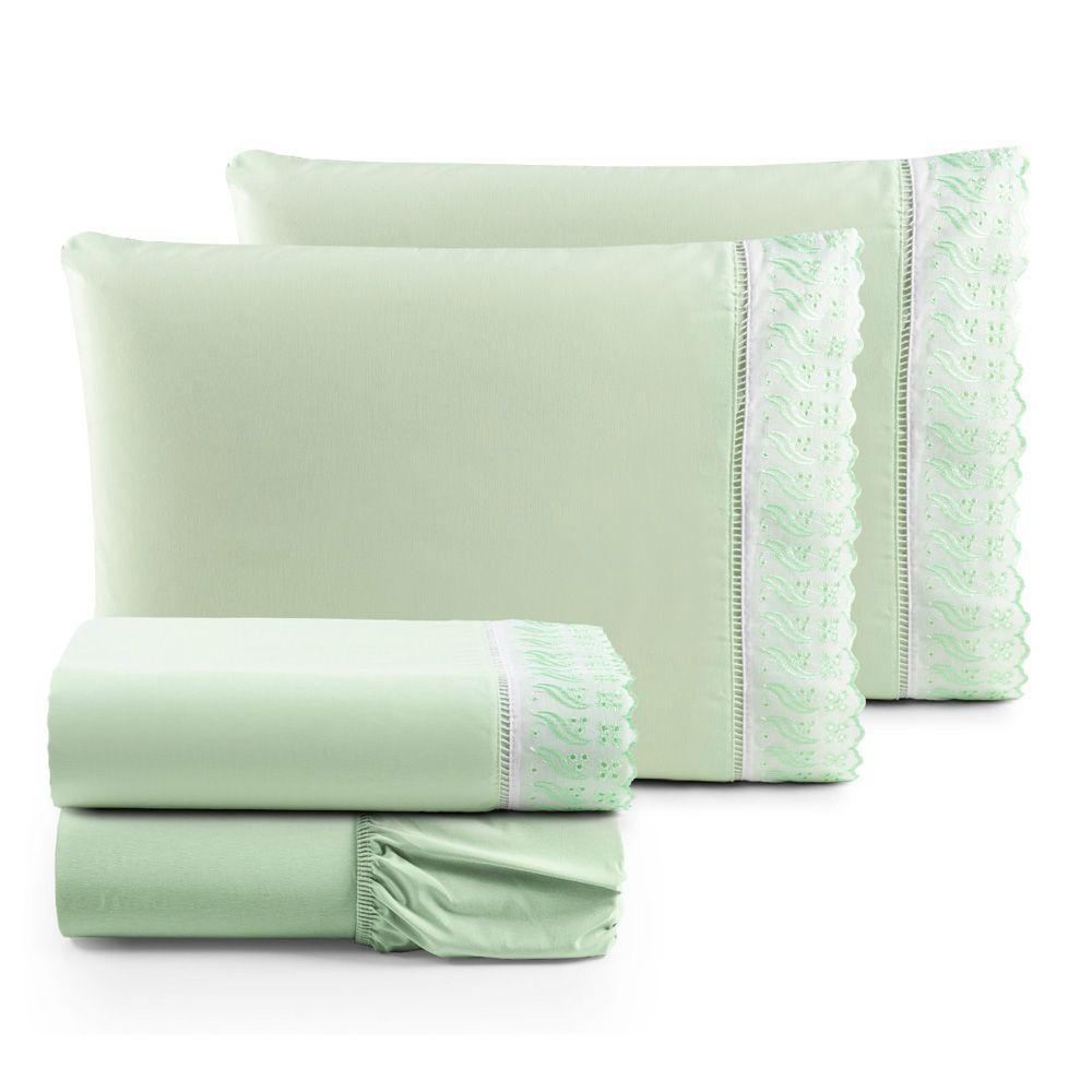 Jogo Cama Lençol Paris Queen Percal 180 Fios 100% Algodão Lese Bordada 4 Peças - Verde - 1