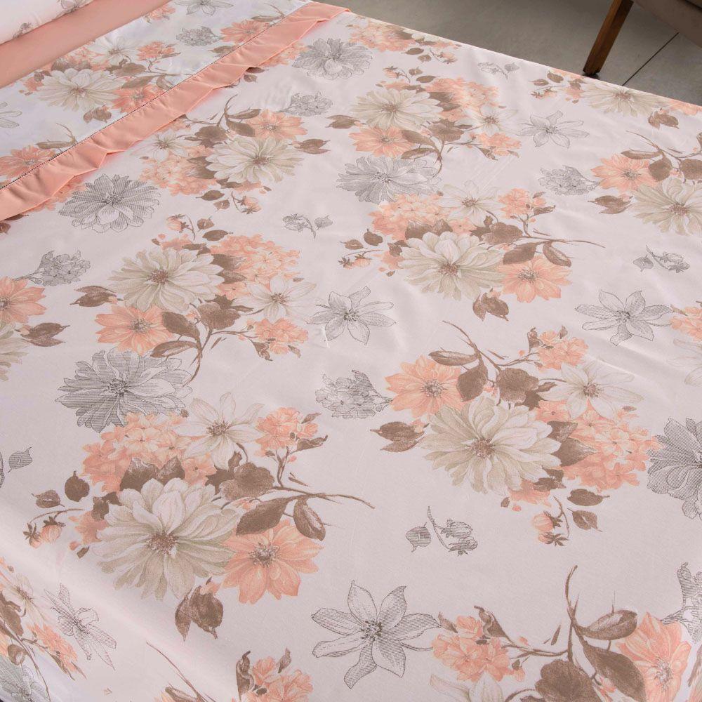 Jogo Cama Lençol Encanto King Estampado Percal 180 Fios C/ Ponto Palito 4 Peças - Floral - Salmão - 8