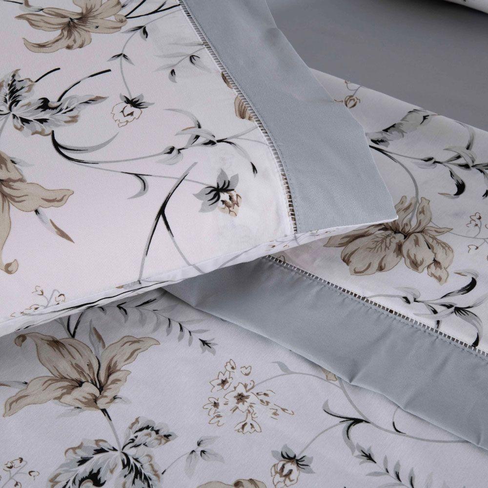 Jogo Cama Lençol Encanto King Estampado Percal 180 Fios C/ Ponto Palito 4 Peças - Floral - Cinza - 4