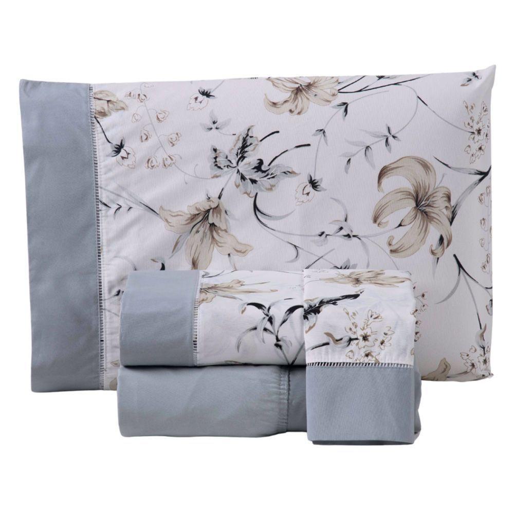 Jogo Cama Lençol Encanto Queen Estampado Percal 180 Fios C/ Ponto Palito 4 Peças - Floral - Cinza - 1