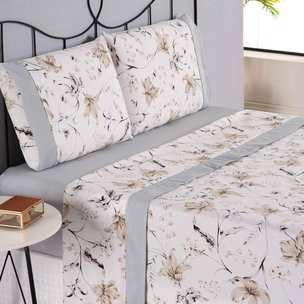 Jogo Cama Lençol Encanto Queen Estampado Percal 180 Fios C/ Ponto Palito 4 Peças - Floral - Cinza - 6