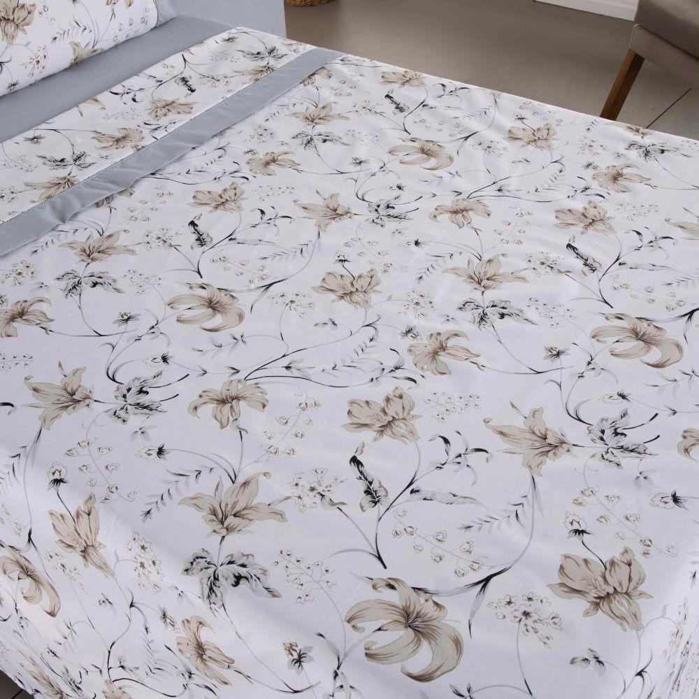 Jogo Cama Lençol Encanto Queen Estampado Percal 180 Fios C/ Ponto Palito 4 Peças - Floral - Cinza - 8