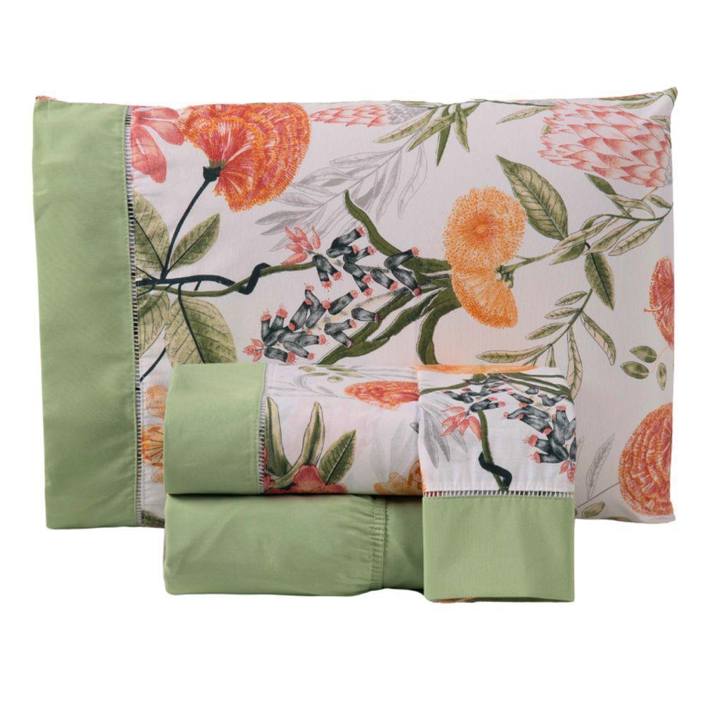 Jogo Cama Lençol Encanto Queen Estampado Percal 180 Fios C/ Ponto Palito 4 Peças - Floral - Verde - 1