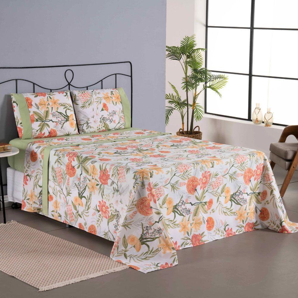 Jogo Cama Lençol Encanto Queen Estampado Percal 180 Fios C/ Ponto Palito 4 Peças - Floral - Verde - 7