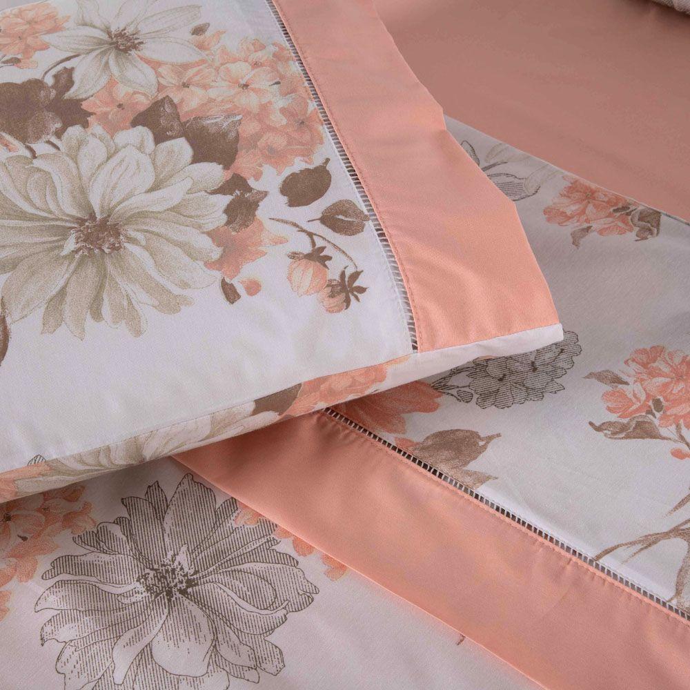 Jogo Cama Lençol Encanto Queen Estampado Percal 180 Fios C/ Ponto Palito 4 Peças - Floral - Salmão - 4