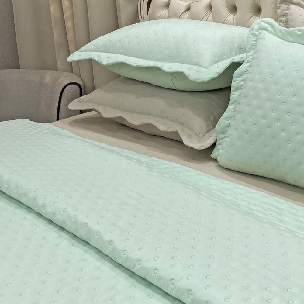Kit Cobre Leito Colcha Perone Queen Dupla Face Toque De Pluma Micro Percal 300 Fios 3 Peças - Verde Tifany - 3