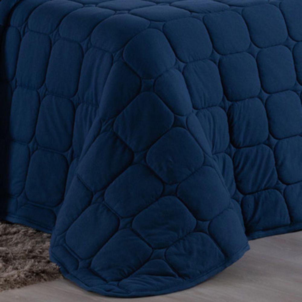 Kit Cobre Leito Colcha Livorno Solteiro Acolchoado Fofo Macio Malha 100% Algodão 2 Peças - Azul Marinho - 2