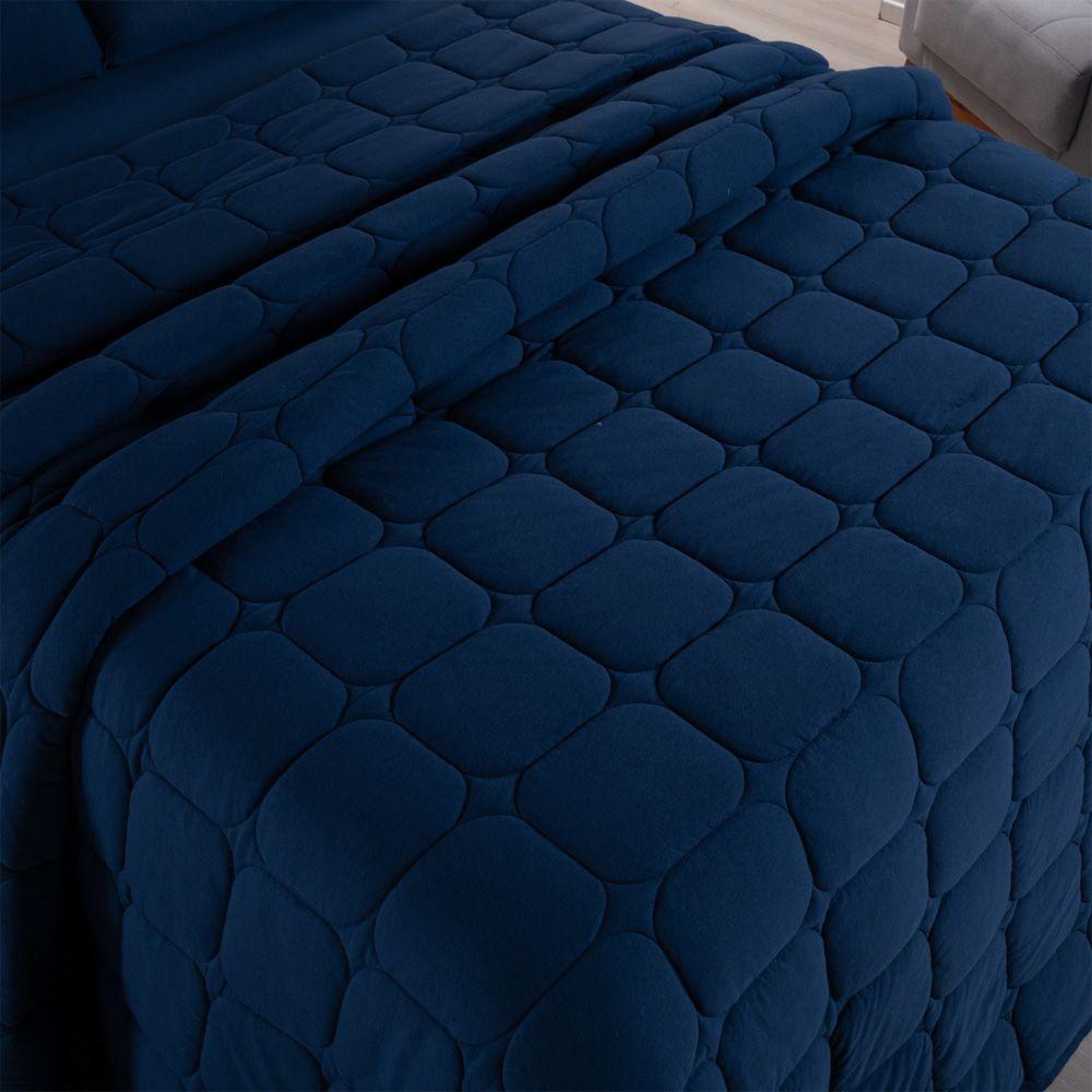 Kit Cobre Leito Colcha Livorno Solteiro Acolchoado Fofo Macio Malha 100% Algodão 2 Peças - Azul Marinho - 3