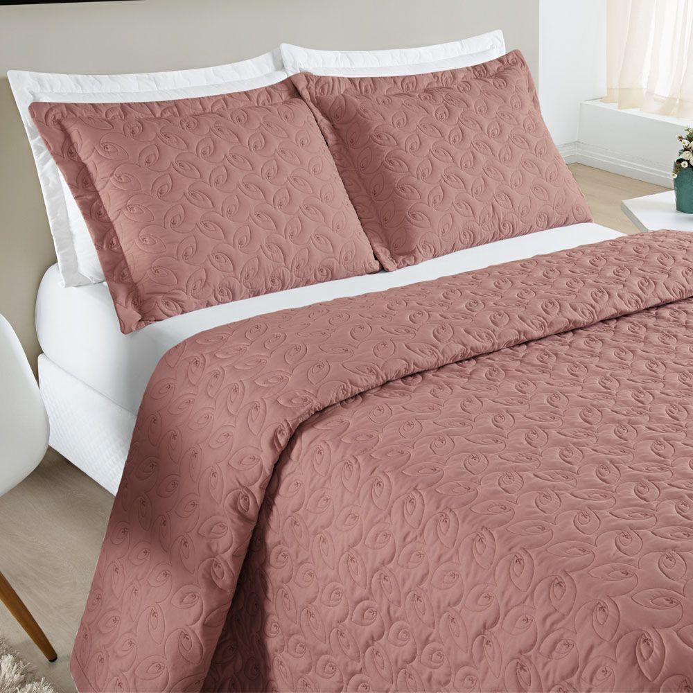 Kit Cobre Leito Colcha Desirée Casal Bordado Micropercal 200 Fios 3 Peças - Rosê - 1