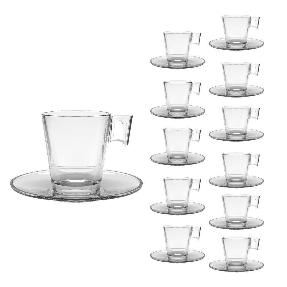 Jogo 12 Xícaras De Café De Vidro Com Pires Transparente Em Casa Tem 80ml - 1