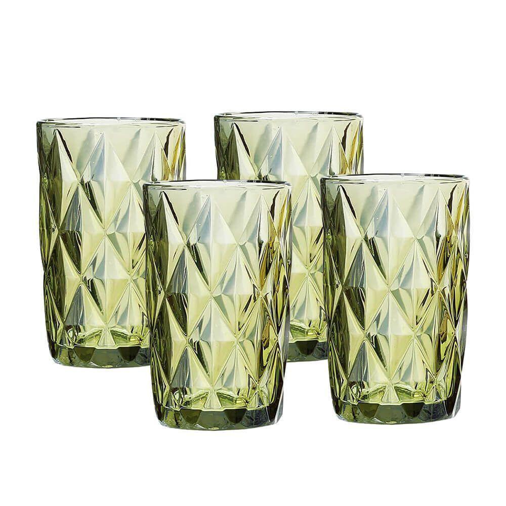Jogo 4 Copos Para água Vidro Diamante Verde Class Home 350ml - 1