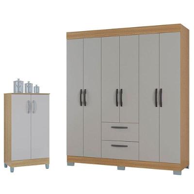 Guarda Roupa Casal Tóquio 6 Portas 2 Gavetas Damasco Off White com Armário Multiuso