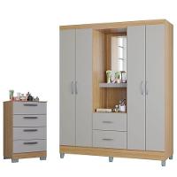 Cômoda 867 4 Gavetas Com Guarda Roupa Solteiro Córdoba 4 Portas Damasco Off White - Poquema - 9