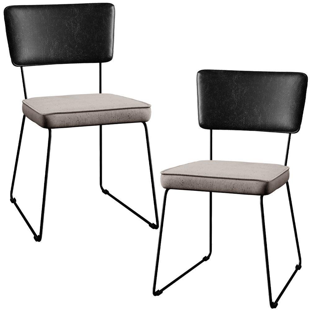 Kit 02 Cadeiras Estofada L02 Couríssimo Preto Linho Bege - 1