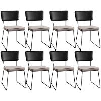 Kit 08 Cadeiras Estofada L02 Couríssimo Preto Linho Bege - 1