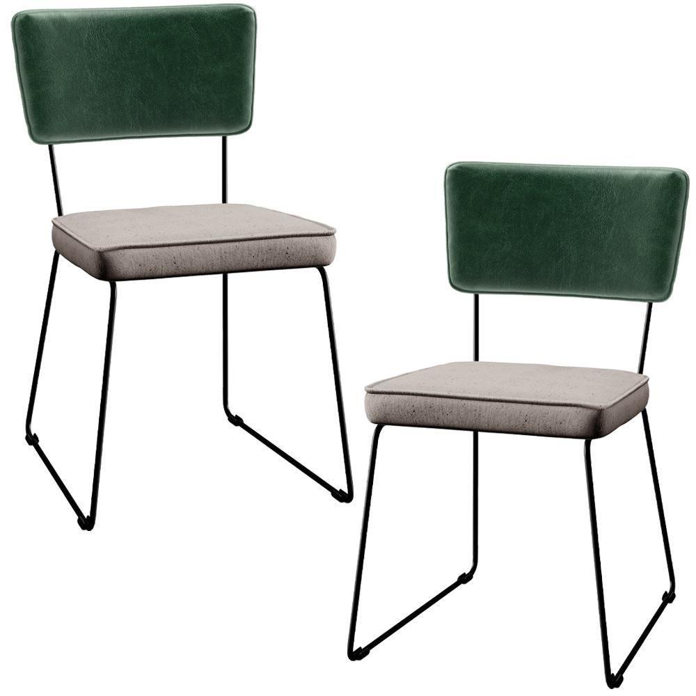 Kit 2 Cadeiras Estofada L02 Facto Verde Musgo Linho Bege - 1