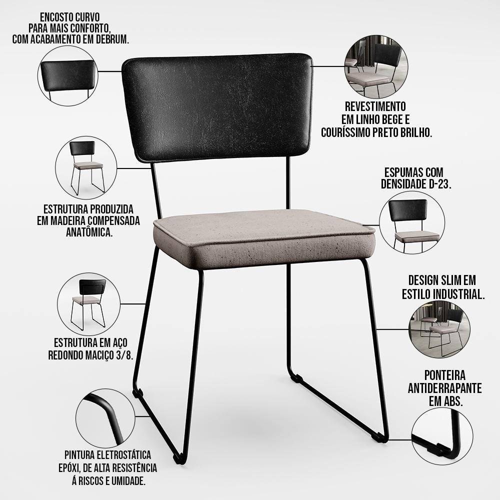 Kit 04 Cadeiras Estofada L02 Couríssimo Preto Linho Bege - 7