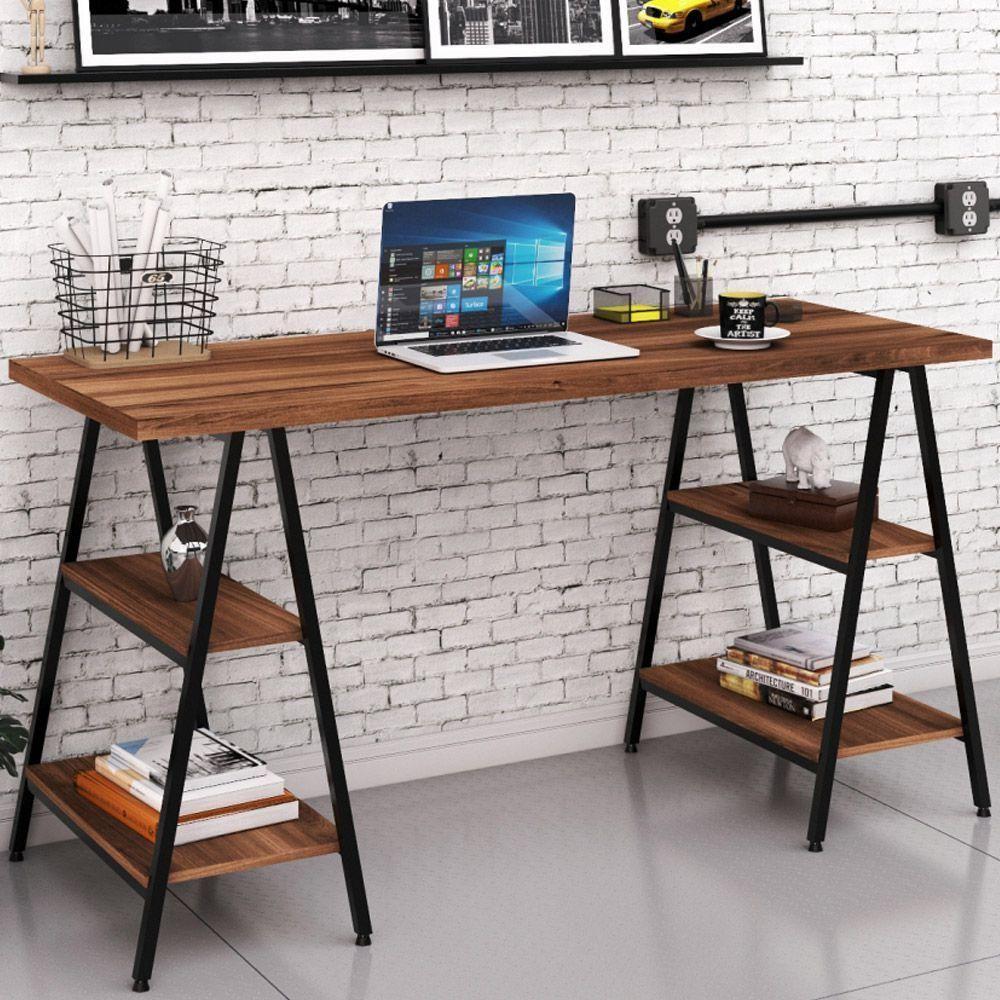 Mesa Para Escritório Estilo Industrial Cavalete 150cm Nogal - 5
