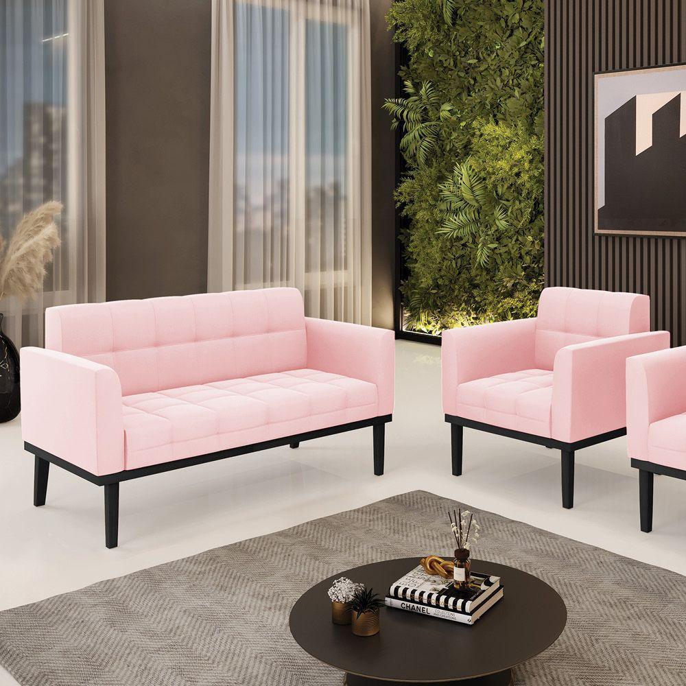 Conjunto Poltrona E Namoradeira Decorativa Pés Fixo Em Madeira Preto Suede Rosa Bebê - 8