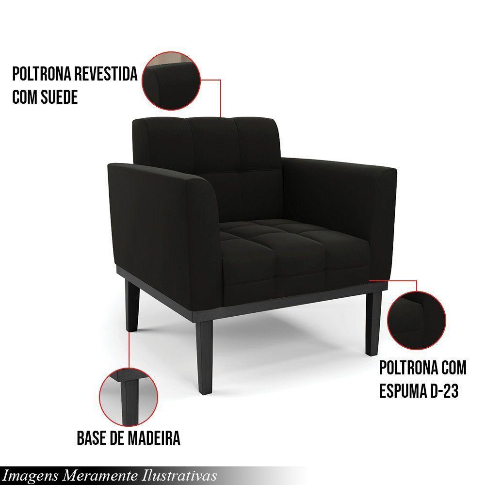 Poltrona Decorativa Pés Fixo Em Madeira Preto Suede Preto - 6