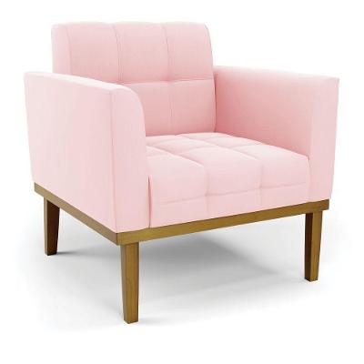 Poltrona Decorativa Pés Fixo Em Madeira Castanho Suede Rosa Bebê