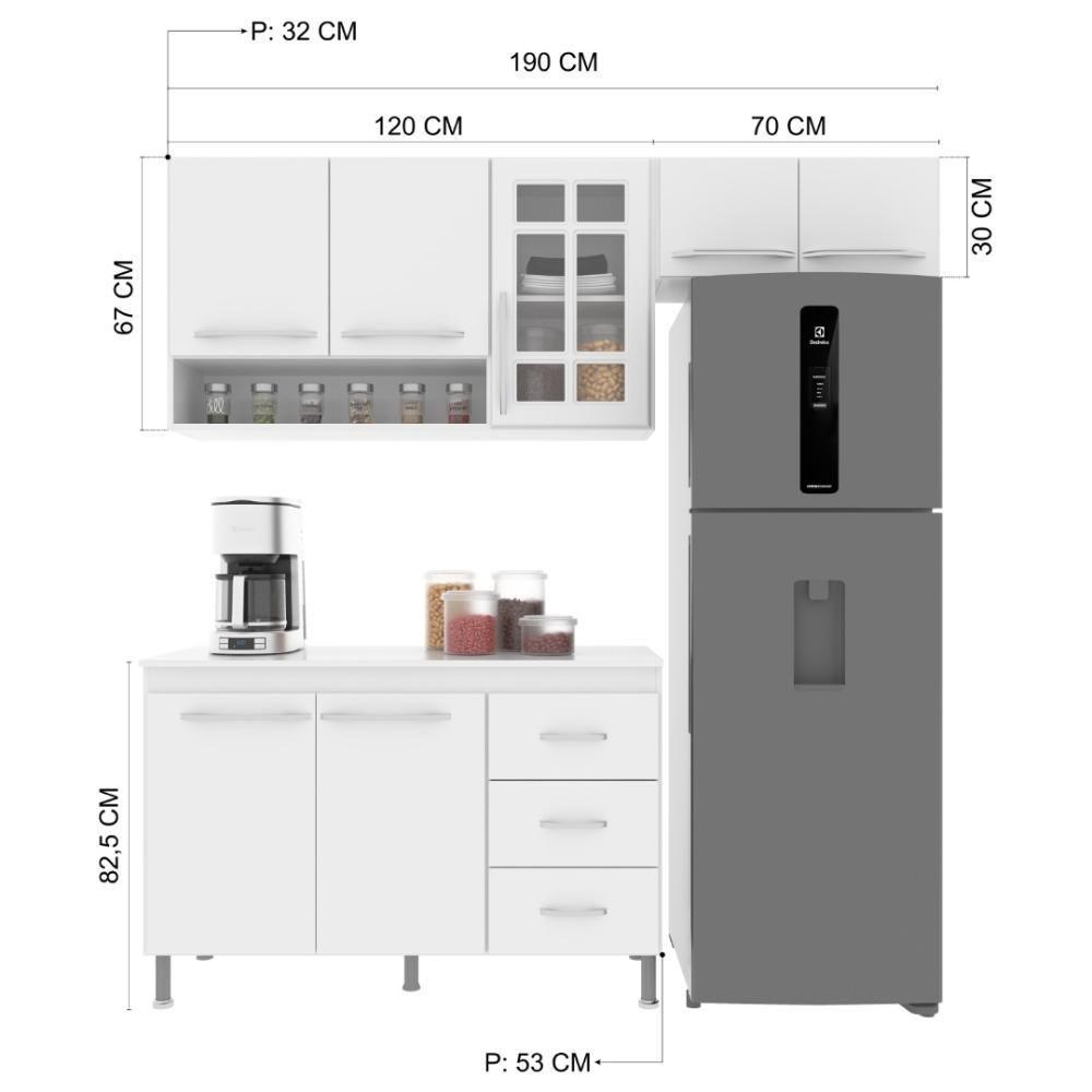 Cozinha Modulada Compacta Fidelitá Viena 3 Peças 190cm 7 Portas 3 Gavetas Com Tampo Branco - 4
