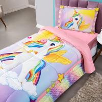 Kit Edredom + Lençol Plush Fofinho Infantil Dupla Face Dream 3 Peças Solteiro - Unicórnio. - 1