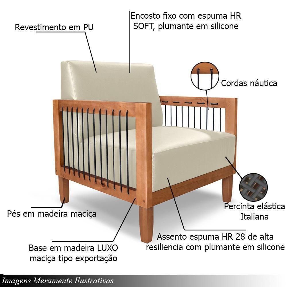 Poltrona Sala De Estar Pés Madeira Maciça Corda Náutica Preta 75cm Manila Pu Bege - 5