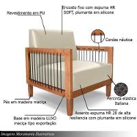 Poltrona Sala De Estar Pés Madeira Maciça Corda Náutica Preta 75cm Manila Pu Bege - 5